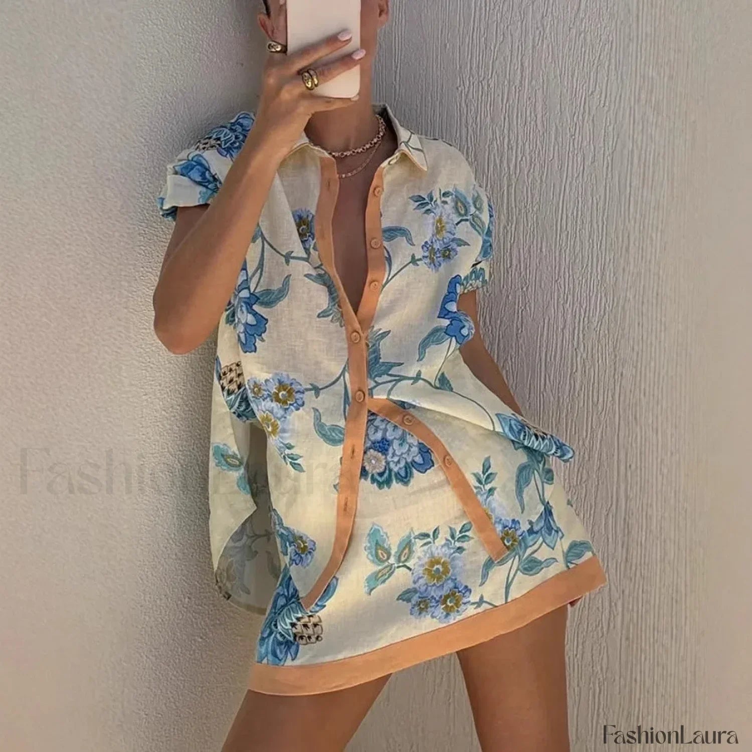 Printed Shirt Mini Skirt Two Piece Set