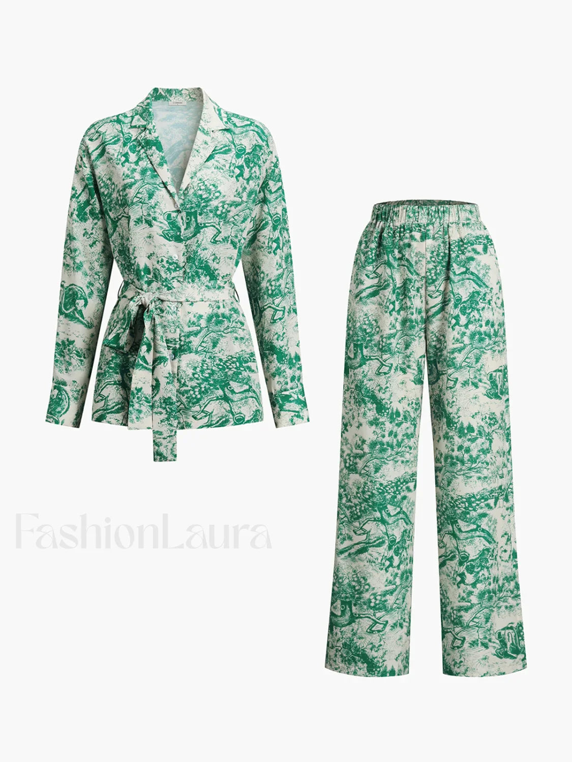 Printed Tie Graceful Up Pants Set Green / XS Pant Sets
