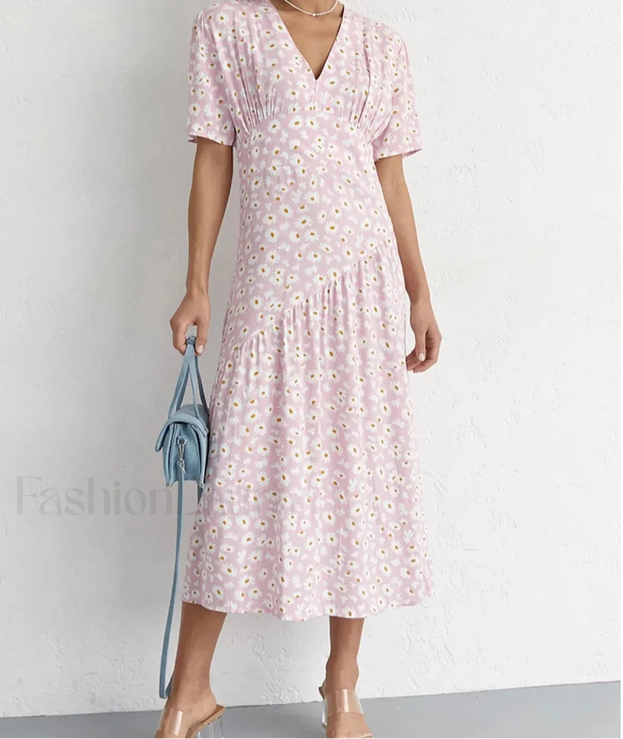 Printed V Neck Midi Dress Pink / S