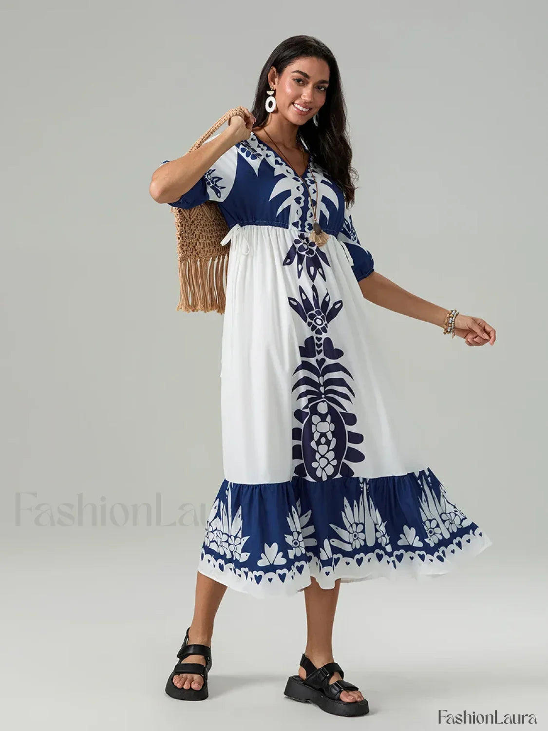 Printed V-Neck Summer Boho Dress