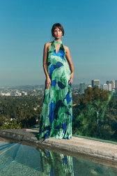 Halter Neck Cut Out Pleated Satin Maxi Dress