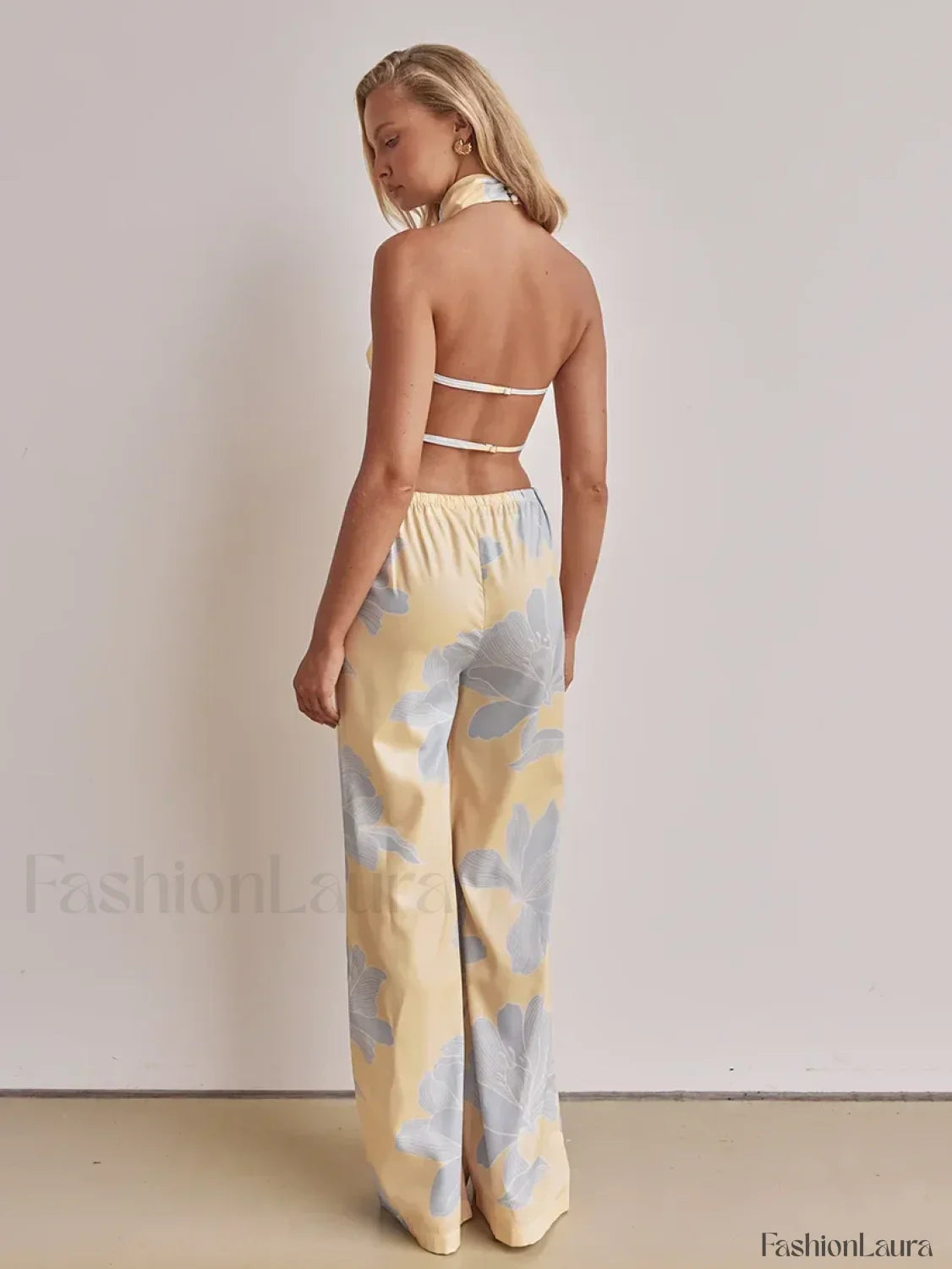 Printing Halter Backless Pants Two Piece Set