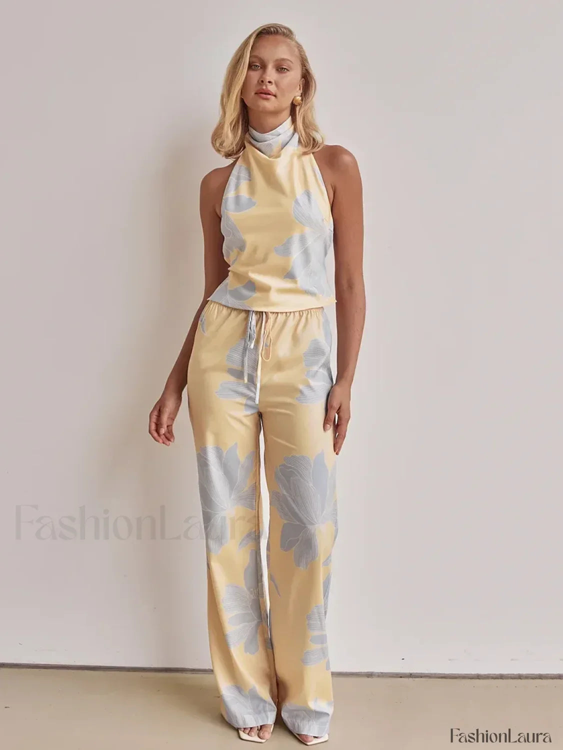 Printing Halter Backless Pants Two Piece Set