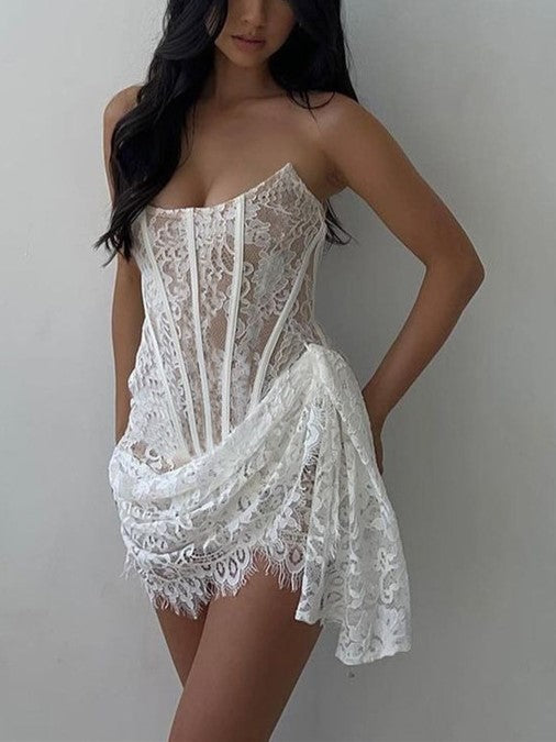 Lace Strapless Corset Boned Draped Asymmetric Hem Mini Dress