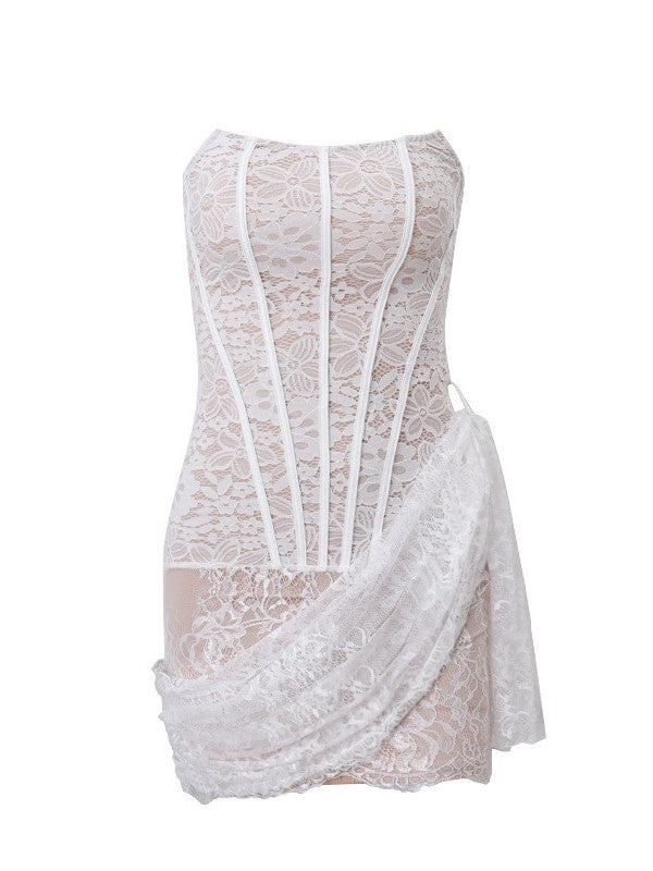 Lace Strapless Corset Boned Draped Asymmetric Hem Mini Dress 3