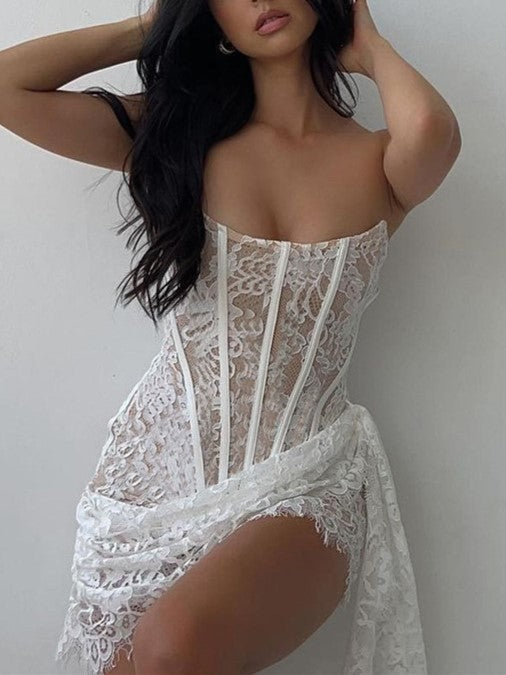 Lace Strapless Corset Boned Draped Asymmetric Hem Mini Dress 2