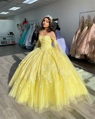 Yellow Ball Gown Quinceanera Dresses Prom Gowns 3D Flowers Beaded Sweet 15 Party Wear C2257
