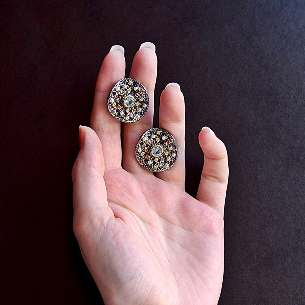 Vintage Copper Tinies Pearls Mix Zircon Women Stud Earrings