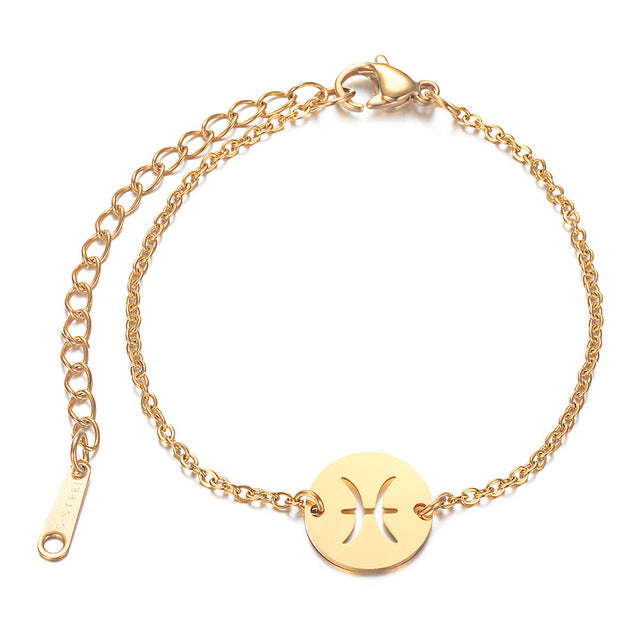Golden Color 12 Constellation Zodiac Charm Stainless Steel Bracelet