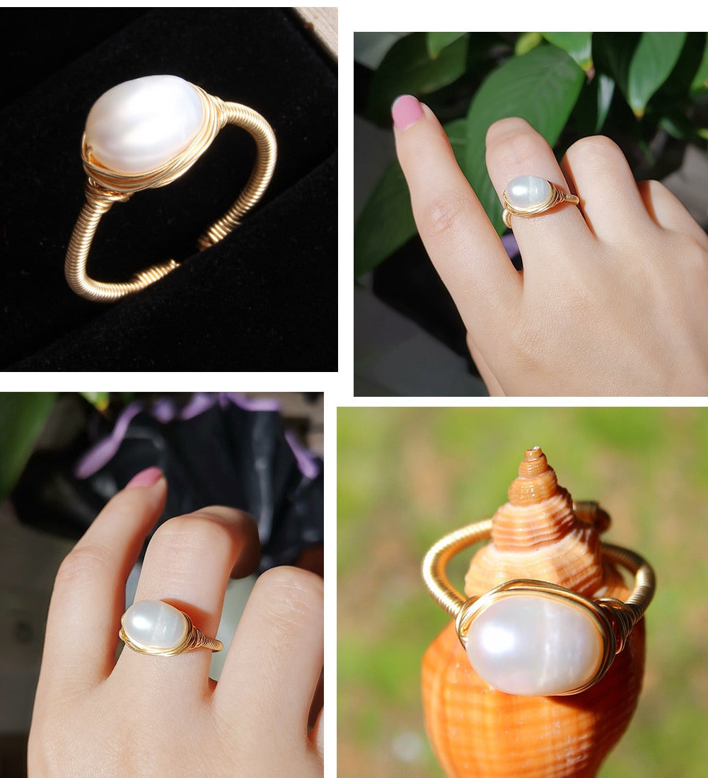 Baroque Handmade Natural Freshwater Pearl Gold Ring