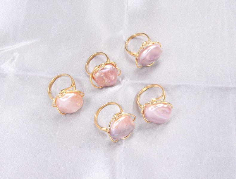Baroque Irregular Gold Open Ring with Natural Big Freshwater Pearl