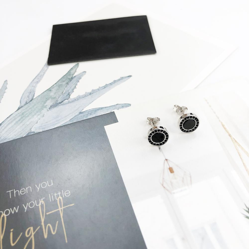 Vintage 925 Sterling Silver Round Black Small Woman Stud Earrings