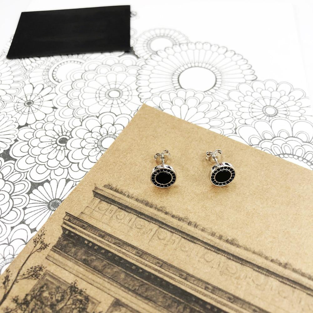 Vintage 925 Sterling Silver Round Black Small Woman Stud Earrings