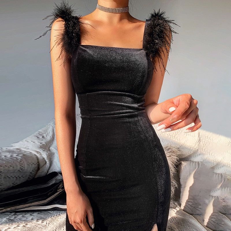 Velvet Square Neck Feather Strap High Split Midi Dress 2