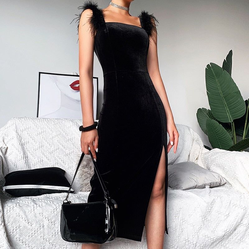 Velvet Square Neck Feather Strap High Split Midi Dress 5