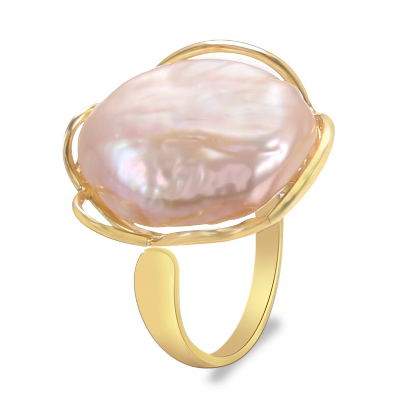 Baroque Irregular Gold Open Ring with Natural Big Freshwater Pearl