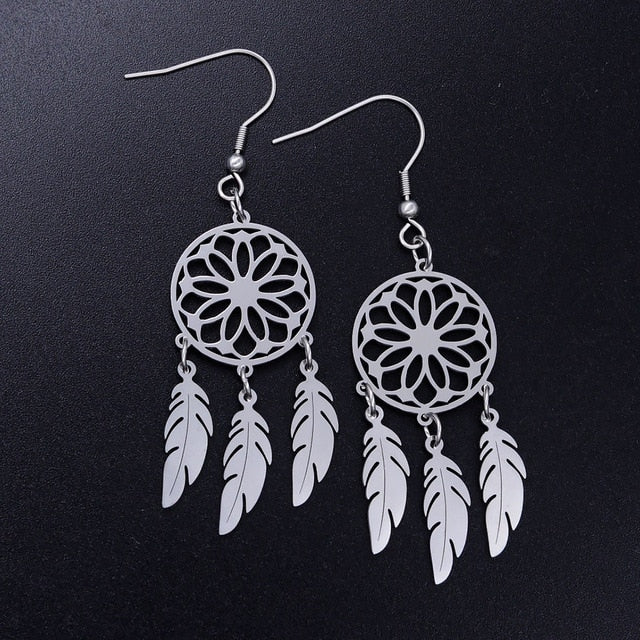 Unique Bohemia Lotus Dreamcatcher Stainless Steel Woman Earrings