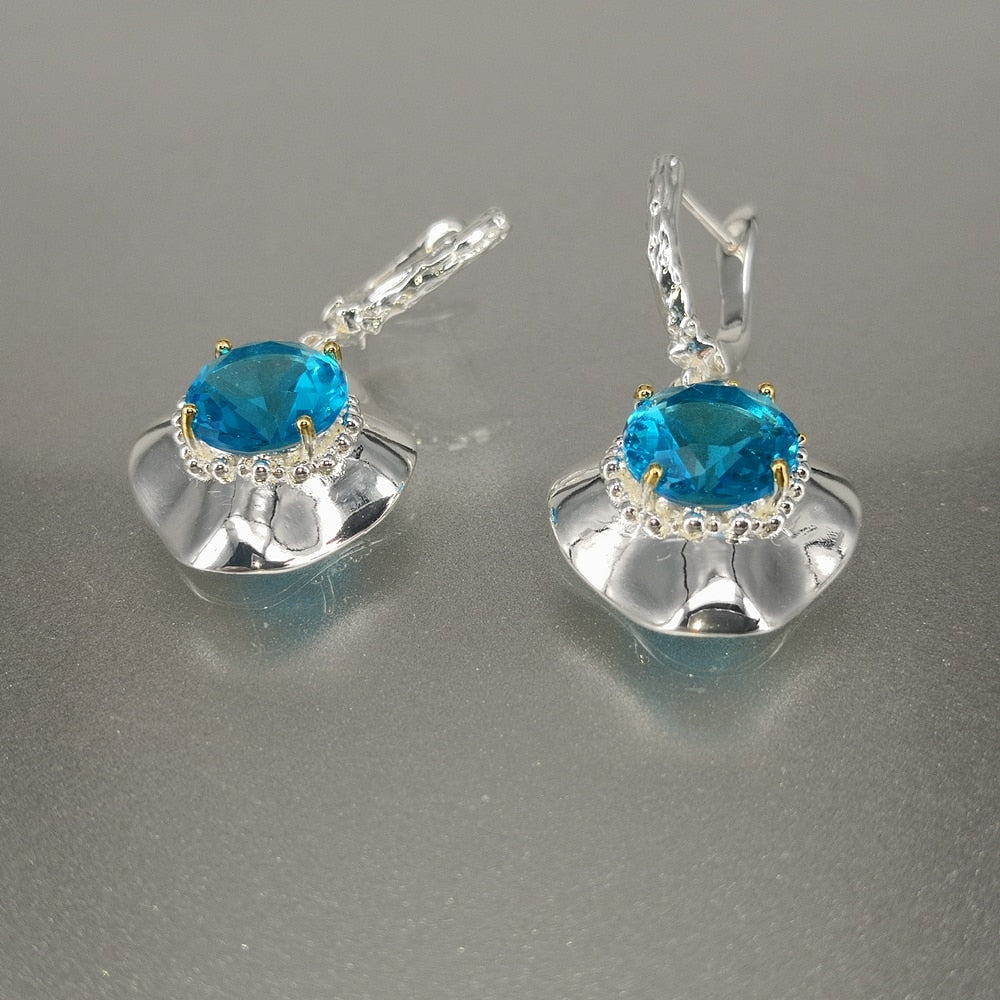 Unique Silver Gold Radiant Cut Sky Blue Zirconia Woman Earrings