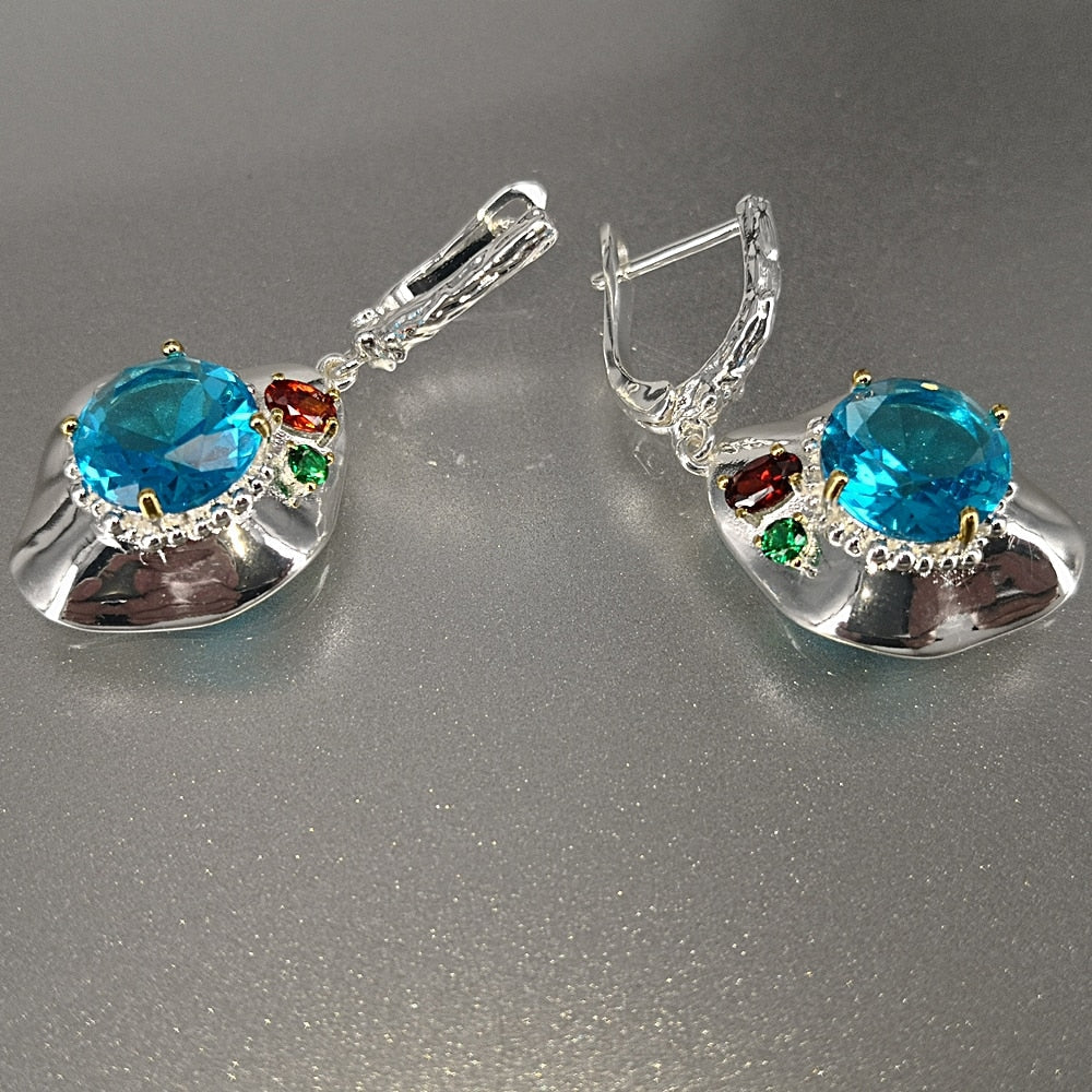 Unique Silver Gold Radiant Cut Sky Blue Zirconia Woman Earrings