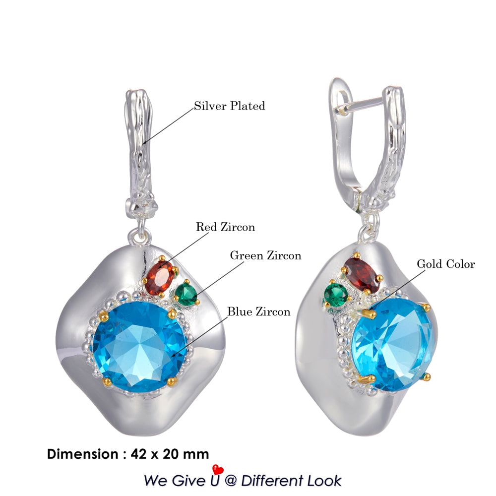 Unique Silver Gold Radiant Cut Sky Blue Zirconia Woman Earrings