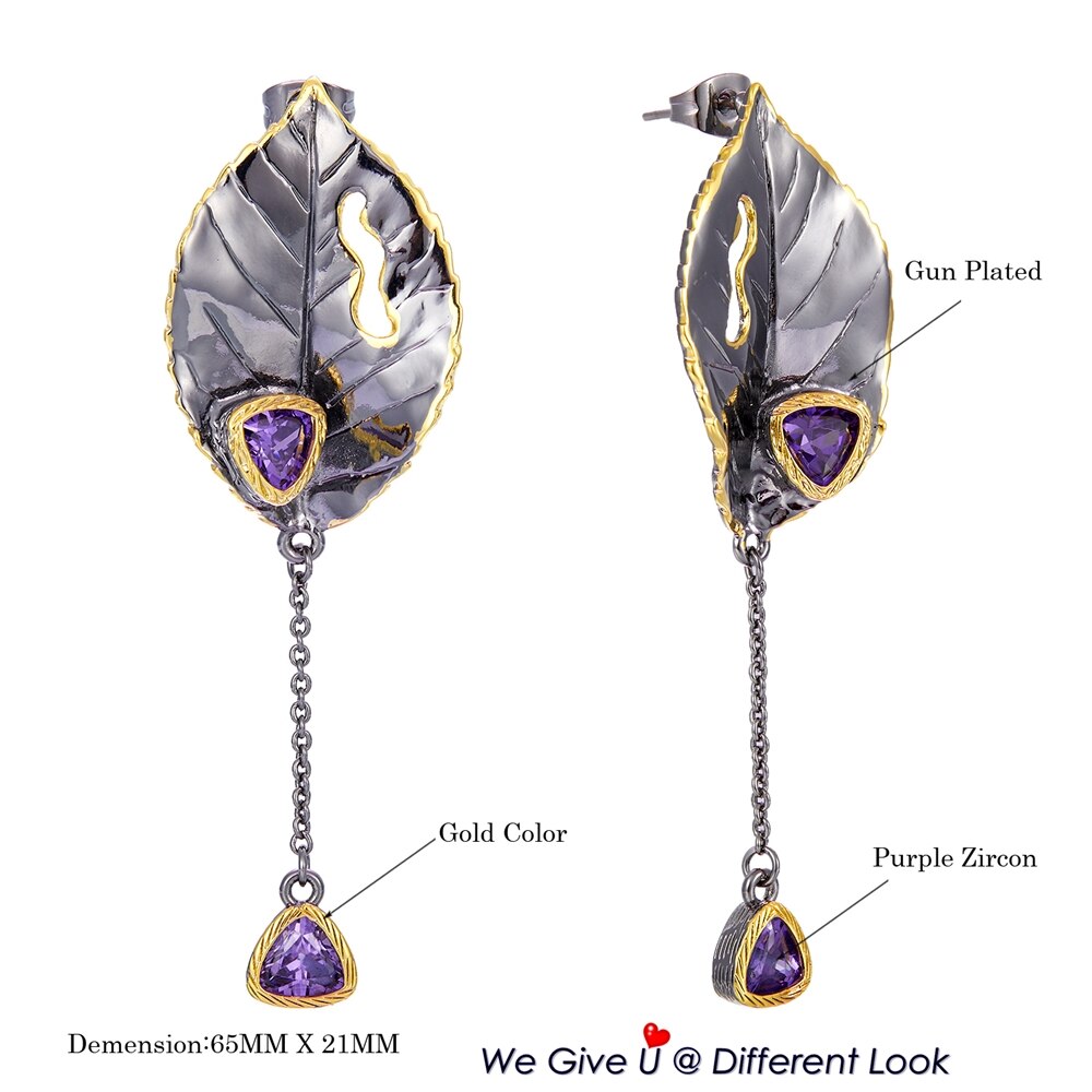 Gothic Leaves Purple Zircon Tassels Woman Earrings