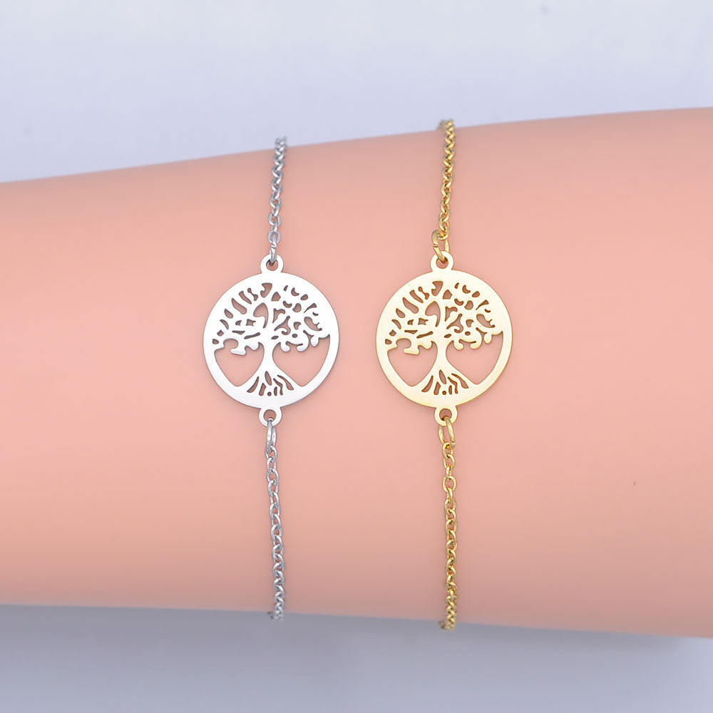 100% Stainless Steel Dainty Round Tree Of Life Charm Bracelet