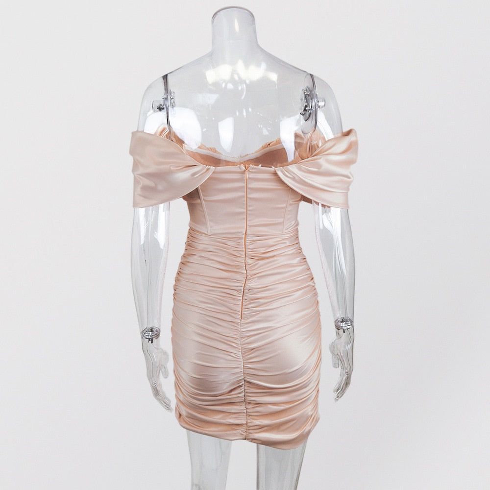 Satin Off Shoulder Corset Bodice Ruched Mini Dress 13