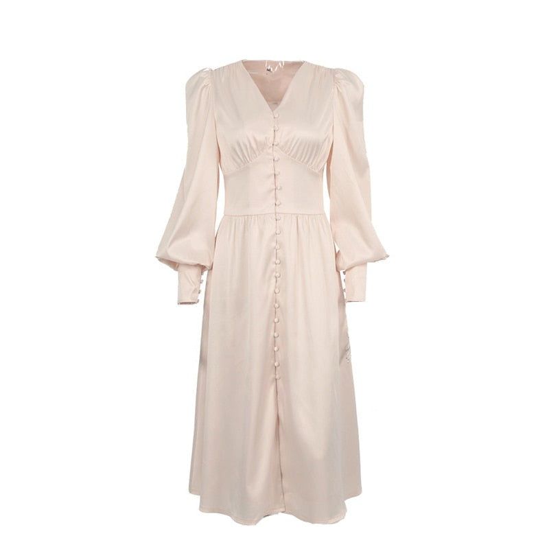 Athenian Lantern Sleeve Satin Midi Dress - View 8