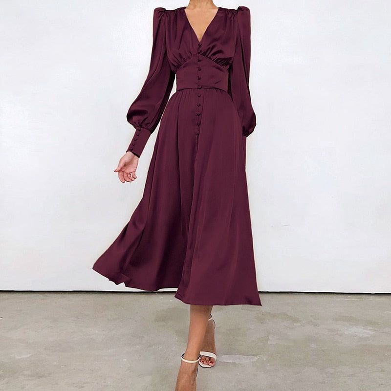 Athenian Lantern Sleeve Satin Midi Dress - View 7