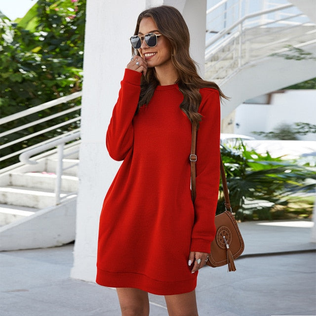 Crew Neck Long Sleeve Side Pocket Sweatshirt Mini Dress 11
