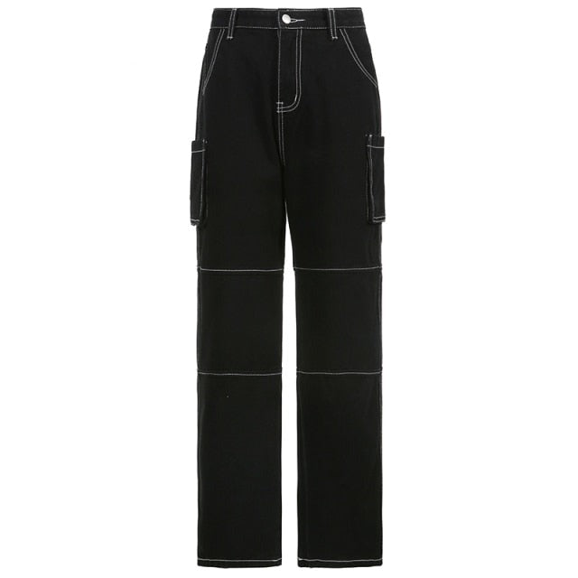 KittenAlarm - Weekeep Pockets Patchwork Baggy Jeans Fashion Streetwear 100% Cotton Women Denim Trouser Loose Cargo Pants Korean Jeans Harajuku