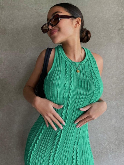 Cable Knit Crew Neck Sleeveless Bodycon Sweater Dress