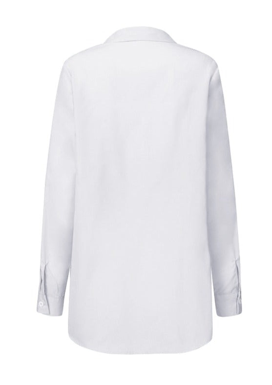 Collared V-Neck Tie Front Long Sleeve Asymmetric Hem Shirt 7