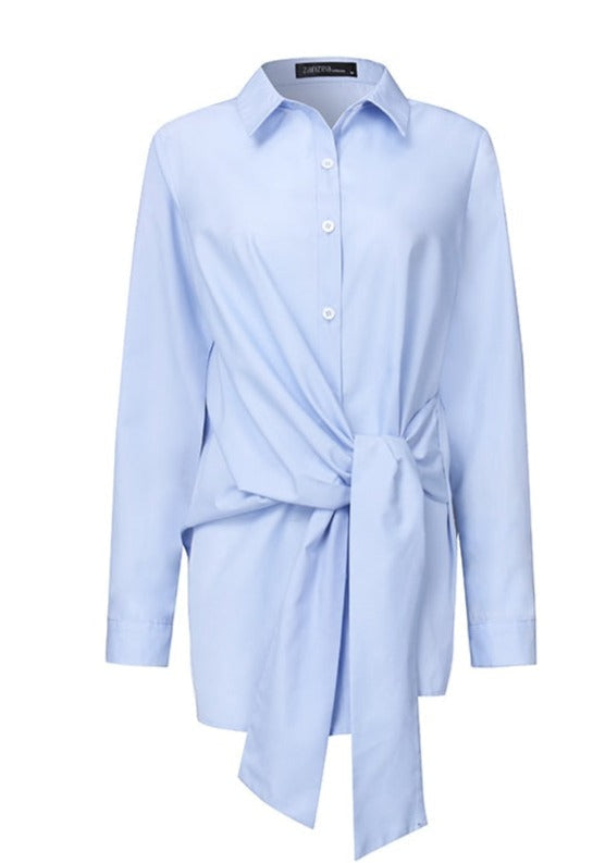 Collared V-Neck Tie Front Long Sleeve Asymmetric Hem Shirt 5
