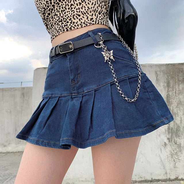 High Waist Pleated Hem Denim Mini Skirt 4