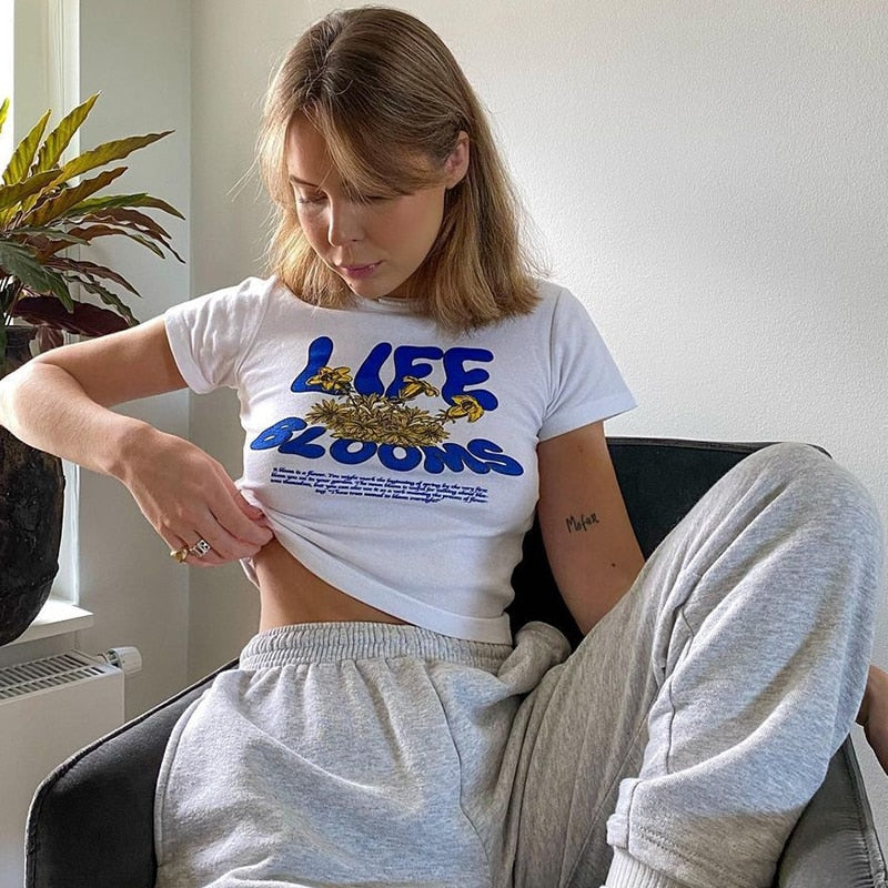 Floral Slogan Graphic Print Crew Neck Short Sleeve Crop Top