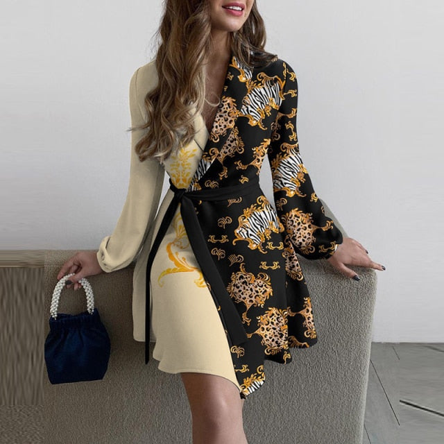 Lapel Collar Lantern Sleeve Belted Wrap Fit and Flare Mini Dress 10