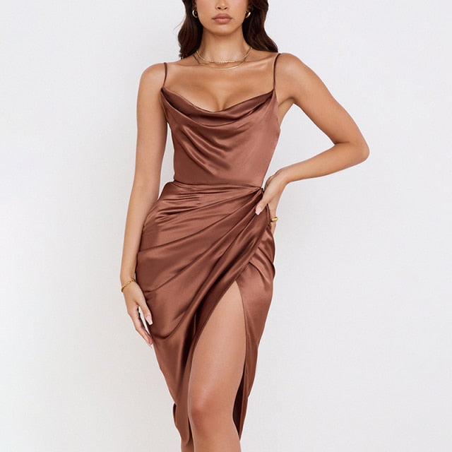 CAROLE SPAGHETTI STRAP MIDI DRESS Brown