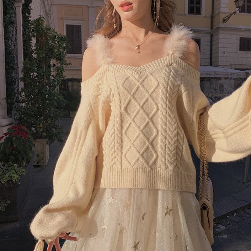 Offtheshoulder Sweater Ladies Autumn Winter Elegant Soft Lace Puff Sleeve Knitted Sweater Woman Italy Pull Crop Top