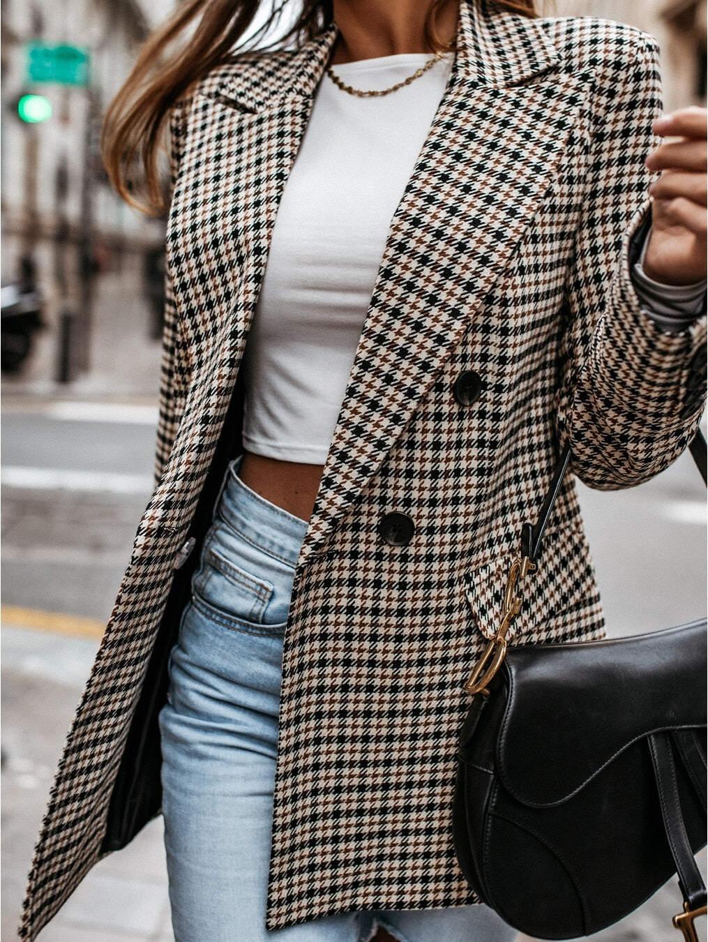 Ladies Notched Collar Plaid Blazer