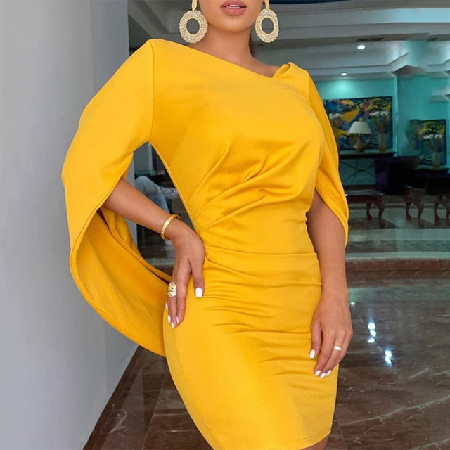 Asymmetric Neck Cape Sleeve Ruched Bodycon Mini Party Dress 2