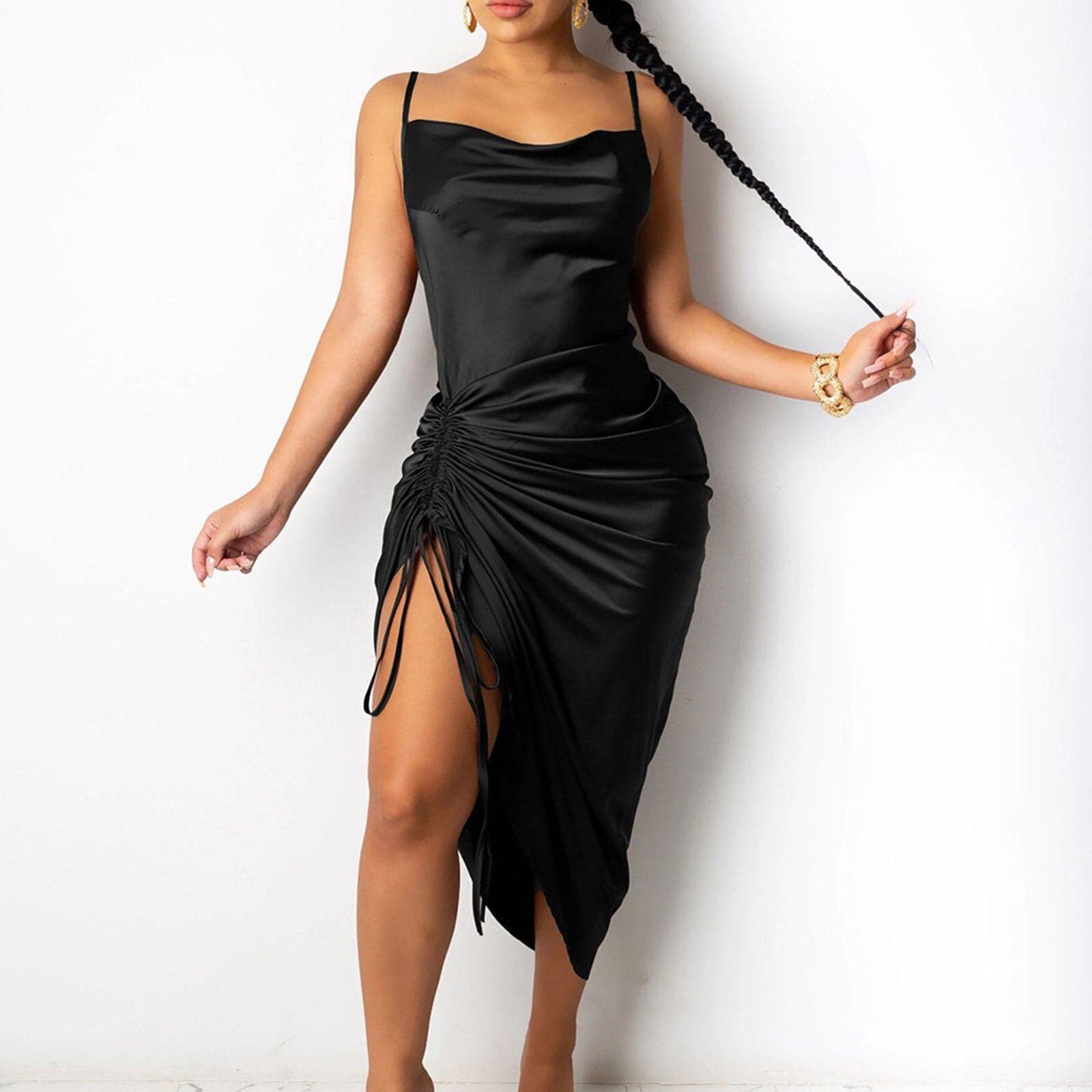 Ruched Satin Summer Dress Drawstring Spaghetti Straps Cowl Neck Backless Long Dresses for Women Party