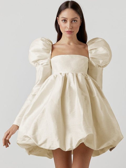 Square Neck Puff Shoulder Long Sleeve Bubble Hem Mini Dress 2