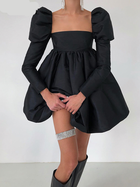 Square Neck Puff Shoulder Long Sleeve Bubble Hem Mini Dress 4