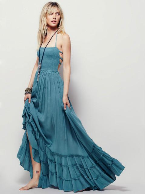 Smocked Strapless Backless High Low Tiered Maxi Dress 3