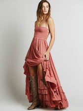 Smocked Strapless Backless High Low Tiered Maxi Dress