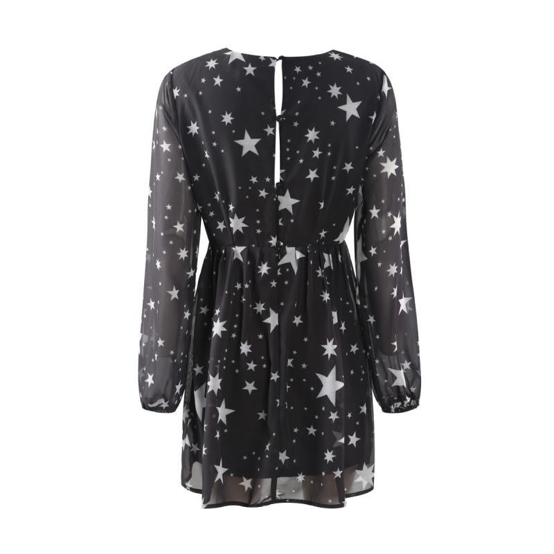 Black Stars Printed Long Sleeve V-neck Sheer Dress