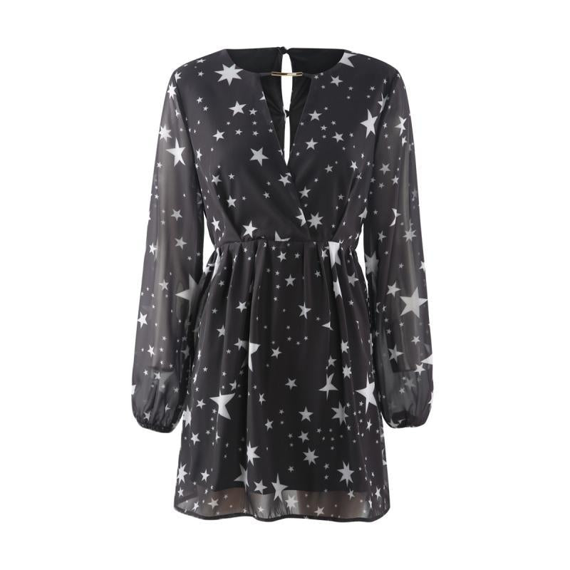 Black Stars Printed Long Sleeve V-neck Sheer Dress