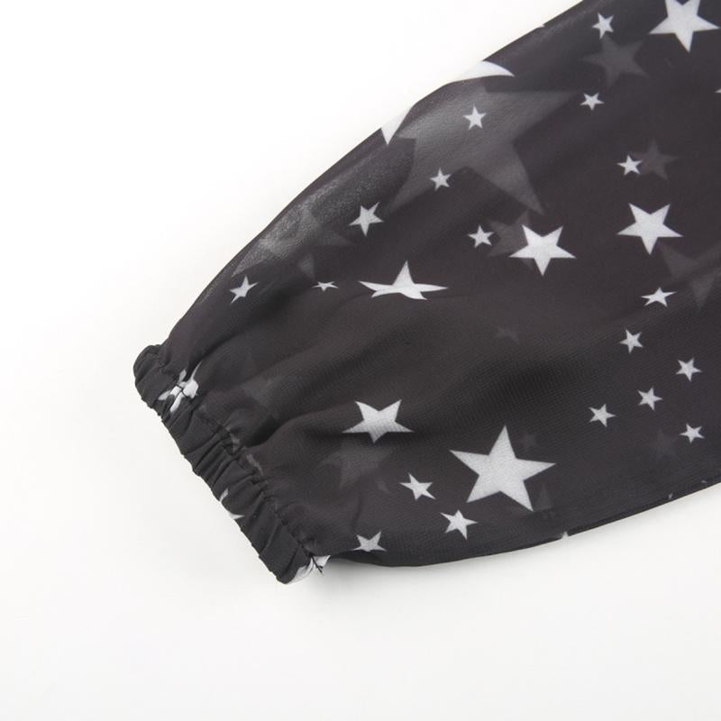 Black Stars Printed Long Sleeve V-neck Sheer Dress