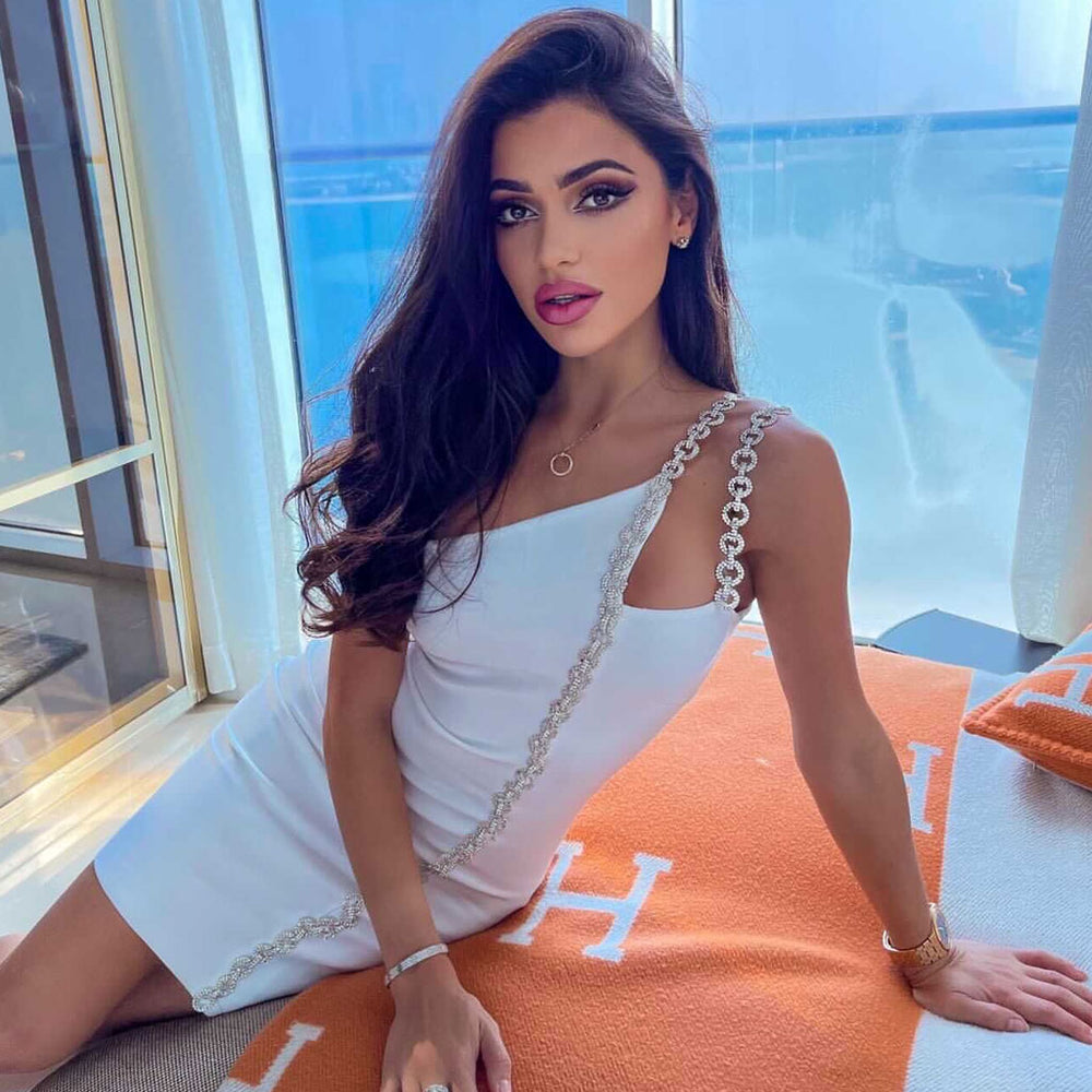One Shoulder Chain Strap Trim Bandage Bodycon Mini Dress 22